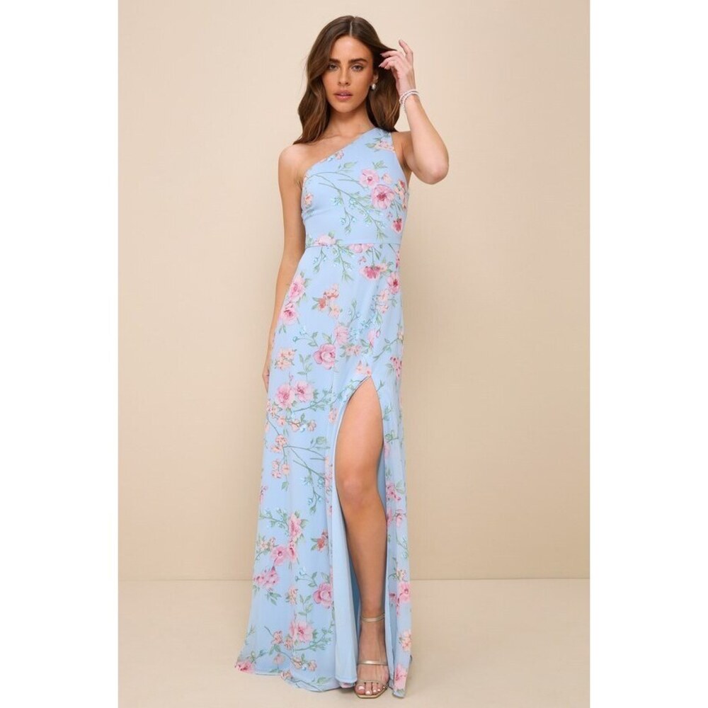 Lulus Elegant Admiration Light Blue Floral One-shoulder Maxi Dress - Size 3X